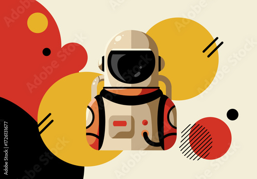 Astronaut in space suit with geometric shapes in red yellow and black on a cream background