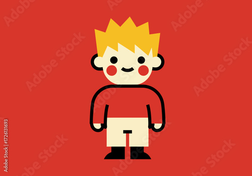 Cartoon boy with yellow hair red cheeks and a red shirt stands against a red background