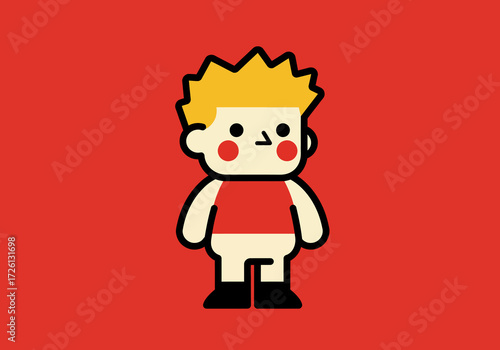Cartoon character with spiky blond hair red cheeks and black shoes on a red background