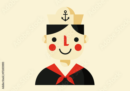 Cartoon sailor with stylized face anchor on hat red cheeks and black uniform with red scarf