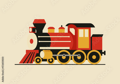 Cartoon train featuring bold geometric shapes contrasting colors and a vintage aesthetic