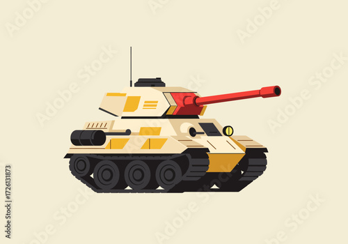 Cartoonish tank with a red cannon against a beige background