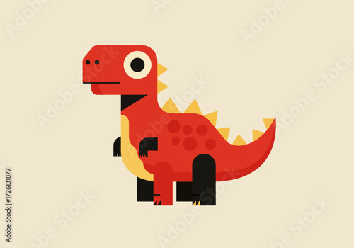 Cartoonstyle TRex with red body yellow belly black legs and spikes