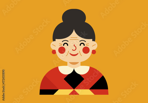 Elderly woman with bun smiling wearing a patterned red dress on an orange background