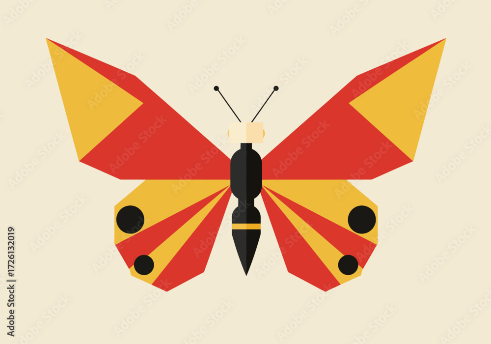 Obraz premium Geometric butterfly red and yellow wings black body tan background