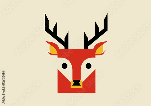 Geometric deer head with black antlers red face  yellow details on a beige background