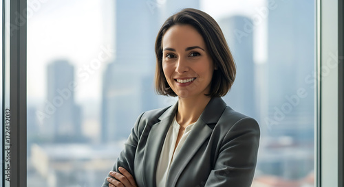 Confident Businesswoman Portrait with Cityscape Background