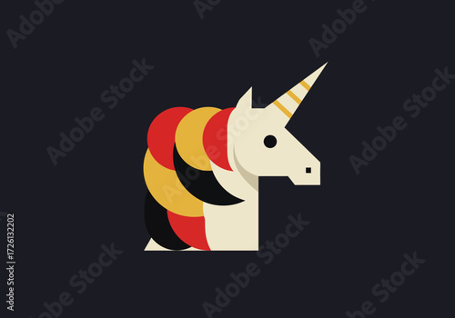 Geometric unicorn head with Belgian flag mane on dark background