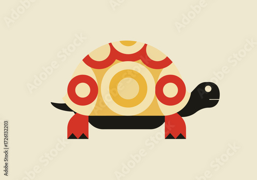 Geometric turtle illustration with circular patterned shell black head and body and red legs