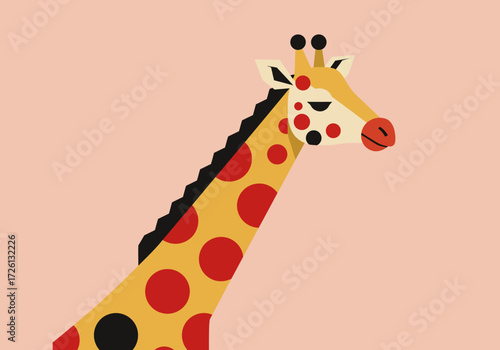 Giraffe with red  black spots on a tan background