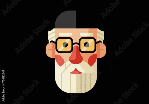 Illustrated face of an elderly man with a beard glasses and a cap on a black background