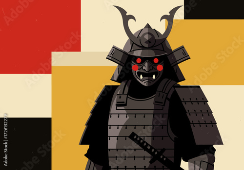 Illustration of a samurai in dark armor against a background of blocks in red beige black and yellow