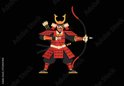 Samurai archer in red armor aiming an arrow with a drawn bow on a black background