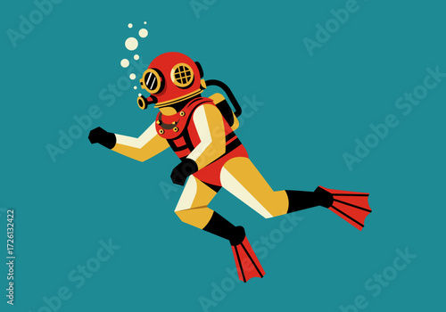 Scuba diver in a red  yellow suit with black gloves  flippers swimming in blue water with bubbles