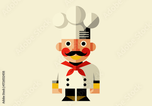 Stylized cartoon chef with red cheeks mustache tied scarf and a tall white chefs hat