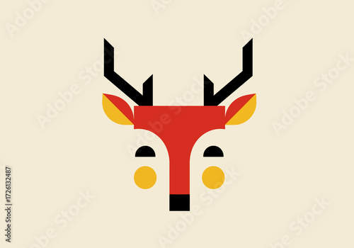 Stylized deer illustration geometric shapes form red head black antlers yellow ears circles for cheeks black square nose