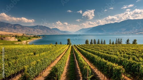 Sunlit Vineyard Rows Descending to Okanagan Lake, British Columbia, Framed by Majestic Mountains and Blue Sky.