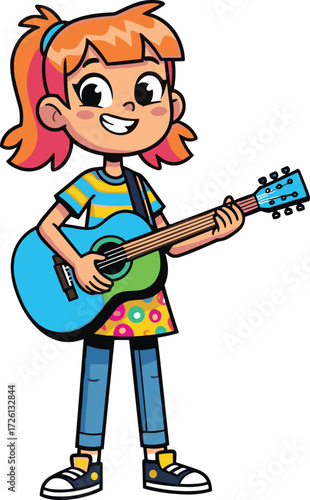 Cartoon character playing guitar, cheerful young musician with orange ponytail hair, colorful outfit, acoustic guitar performance illustration for music, education, and entertainment themes