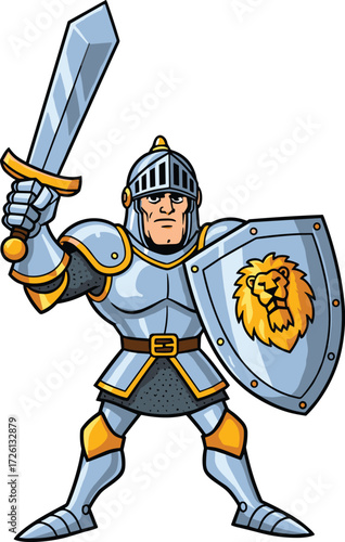 Cartoon medieval knight warrior, armored soldier with sword and shield, lion emblem, silver and gold armor, heroic character illustration for fantasy and battle themes