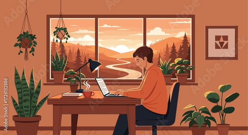 Remote Work in Cozy Home Office with Scenic Mountain View, Freelance Worker Typing on Laptop, Peaceful Workspace with Plants, Minimalist Interior and Sunset Background Illustration
