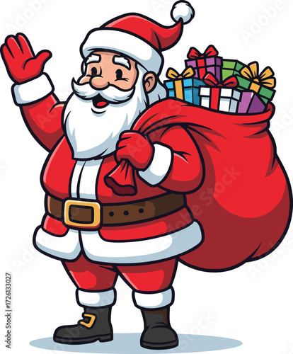 Cartoon Santa Claus character, cheerful Christmas figure with red suit and sack of gifts, waving hand, festive holiday illustration for winter celebration themes