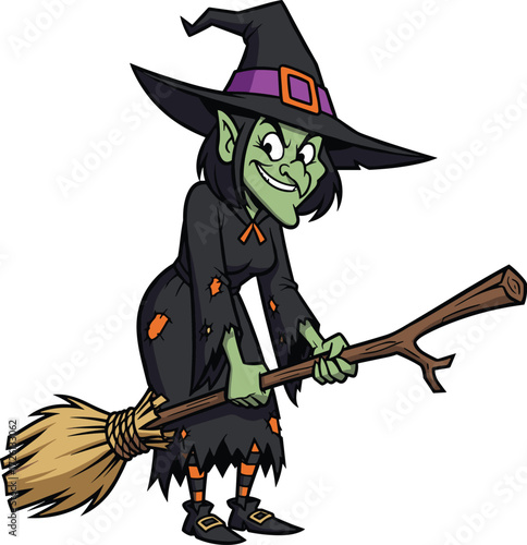 Cartoon witch character, green‑skinned sorceress with broomstick, black hat and dress, mischievous Halloween figure illustration for spooky, folklore, and holiday themes