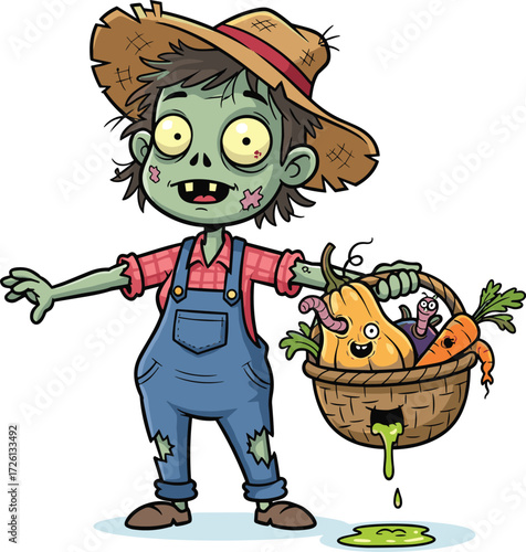 Cartoon zombie farmer holding basket of creepy vegetables, spooky undead character in overalls, funny horror Halloween illustration, scary monster vector design