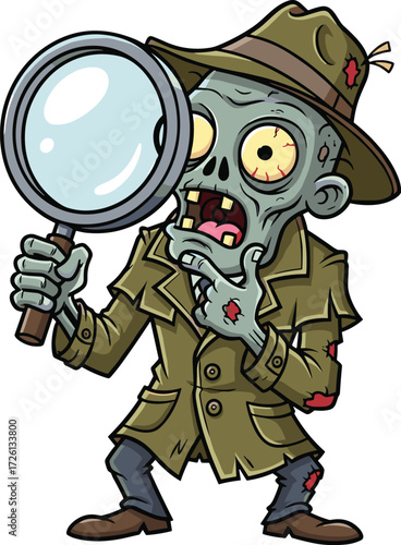 Zombie detective, scary detective, horror zombie, creepy investigator, undead sleuth, spooky inspector, evil detective, Halloween zombie, cad drawing flat vector illustration