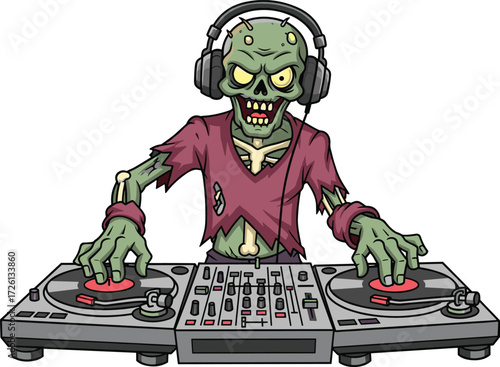 Zombie DJ, scary DJ, horror zombie, creepy disc jockey, undead musician, spooky performer, evil DJ, Halloween zombie, cad drawing flat vector illustration