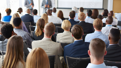 Wallpaper Mural Presentation: An audience attentively listens to two presenters in an educational environment. The composition and angles of the photo evoke professionalism. Torontodigital.ca