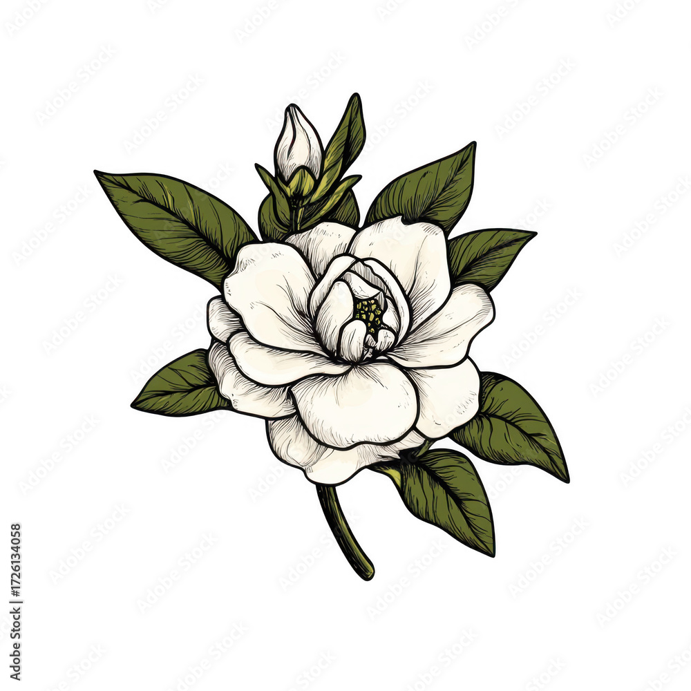 Fototapeta premium Intricate Engraving of Gardenia Flower with Leaves in Elegant Style, isolated on transparent background.