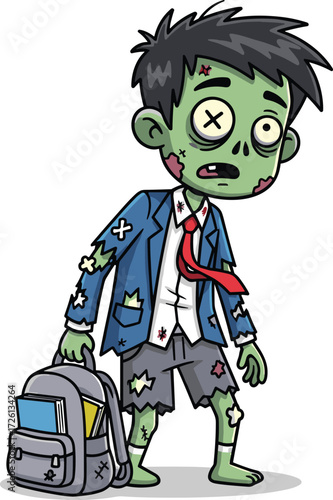 Cartoon zombie student character, green‑skinned schoolboy with backpack and books, tattered uniform, Halloween monster illustration for spooky, horror, and holiday themes
