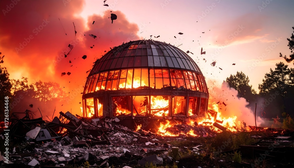 Fototapeta premium Burning Building with Flames and Debris Under a Fiery Sky