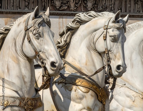 Majestic white marble horses of ancient chariot sculpture
