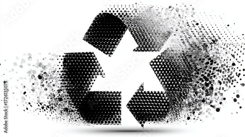 Abstract Recycle Symbol with Dot Pattern and Grunge Effect in Black and White