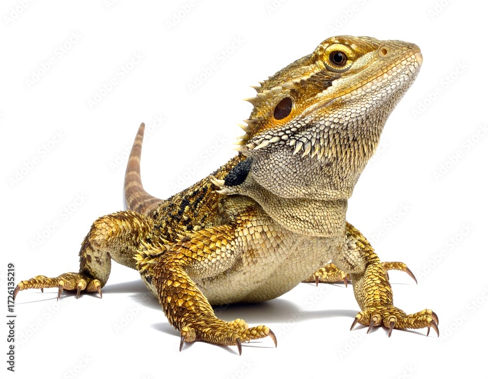 Obraz premium Intriguing Bearded Dragon Pose Against White Background