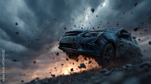 Dynamic Car Driving Through Debris Under Dramatic Stormy Sky at Dusk