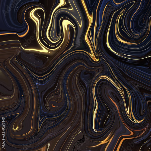 Luxurious golden abstract liquid flow with black swirls, creating a rich marble texture ideal for art, fashion, and modern digital design. Golden keywords: abstract, gold, marble, fluid, design.