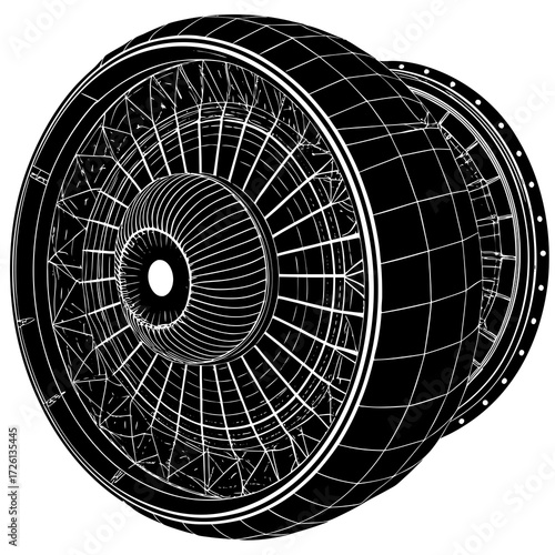 Aerospace Power: Highly Detailed Jet Engine Silhouettes and Turbofan Machinery Cross-Section Technical Illustration on White Background.
