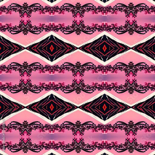 Elegant geometric pattern in pink and black, keywords: abstract, pattern, texture, decorative, background, ideal for fashion or interiors.