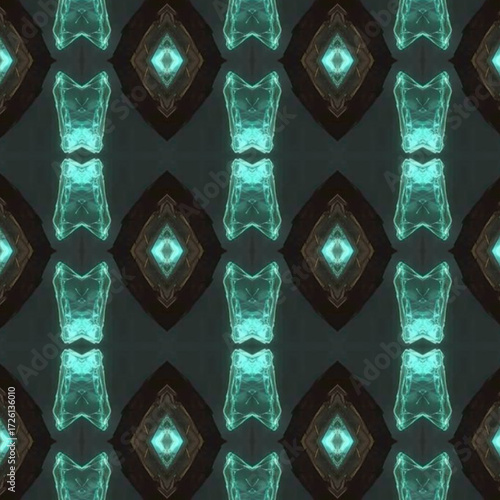 Futuristic glowing teal diamond shapes in seamless geometric pattern, neon-inspired abstract symmetry background. Golden keywords: abstract, neon, symmetry, pattern, futuristic
