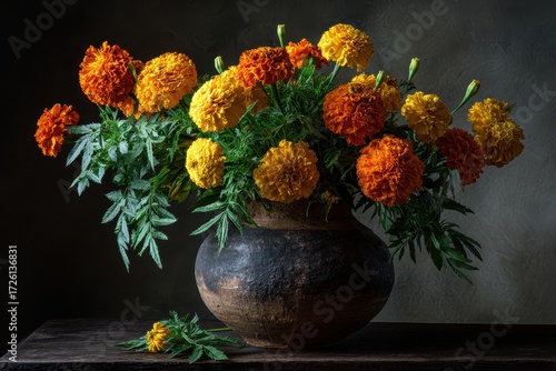 Wallpaper Mural Chiaroscuro Still Life of Autumnal Marigolds in a Rustic Earthenware Vase. Torontodigital.ca
