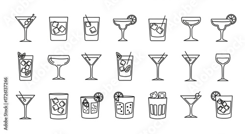 alcoholic cocktails in a minimalist line art style. Classic bar drinks like martinis, margaritas, and negronis for menu design