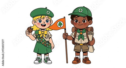 World Scout Day Happy diverse children in camping uniforms ready for an outdoor adventure expedition. Cartoon illustration of a young boy and girl explorer team