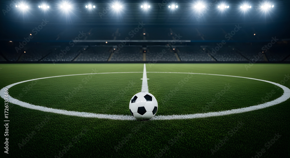 Fototapeta premium Soccer ball on field: A captivating shot of a soccer ball resting at the center of a vibrant green field, bathed in stadium lighting. The atmosphere is a prelude to intense competition.