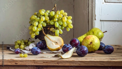 Still life of pears, plums, and grapes