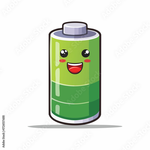 Illustration of a cartoon battery with a smiling face and green charge level indicator displayed clearly