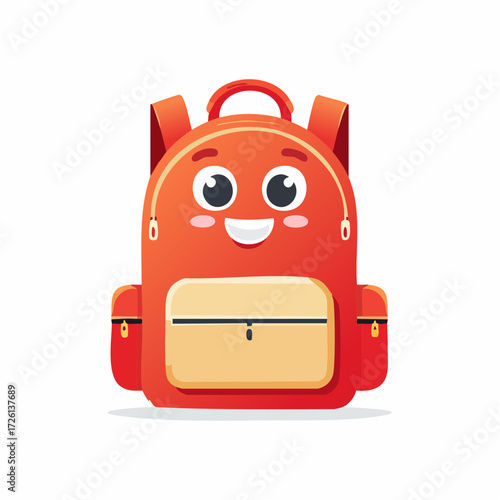 Illustration of a cartoon style red backpack with a smiling face and a tan colored front pocket design