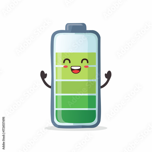 Illustration of a cheerful battery with a smiling face and raised arms showing a high level of green energy