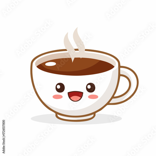 A cheerful cartoon coffee cup with steam rising from it and a cute smiling face on a white background image